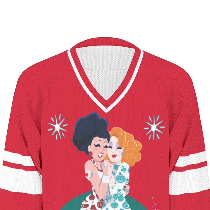 Jinkx and Dela - Hug Holiday Hockey Jersey - dragqueenmerch