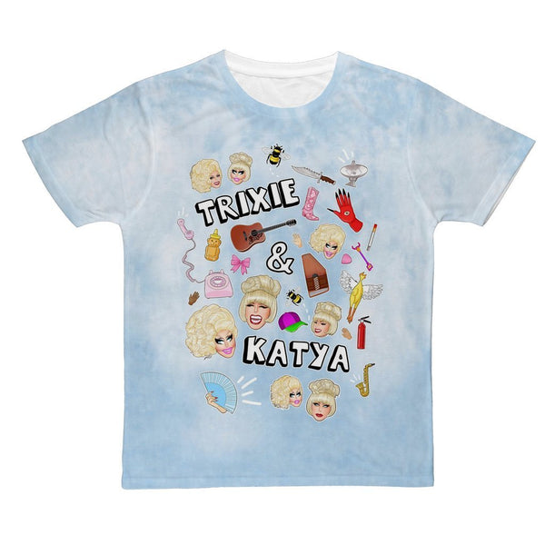 TRIXIE AND KATYA - "COLLAGE" LIGHT BLUE CLOUD DYE ALL OVER PRINT T-SHIRT