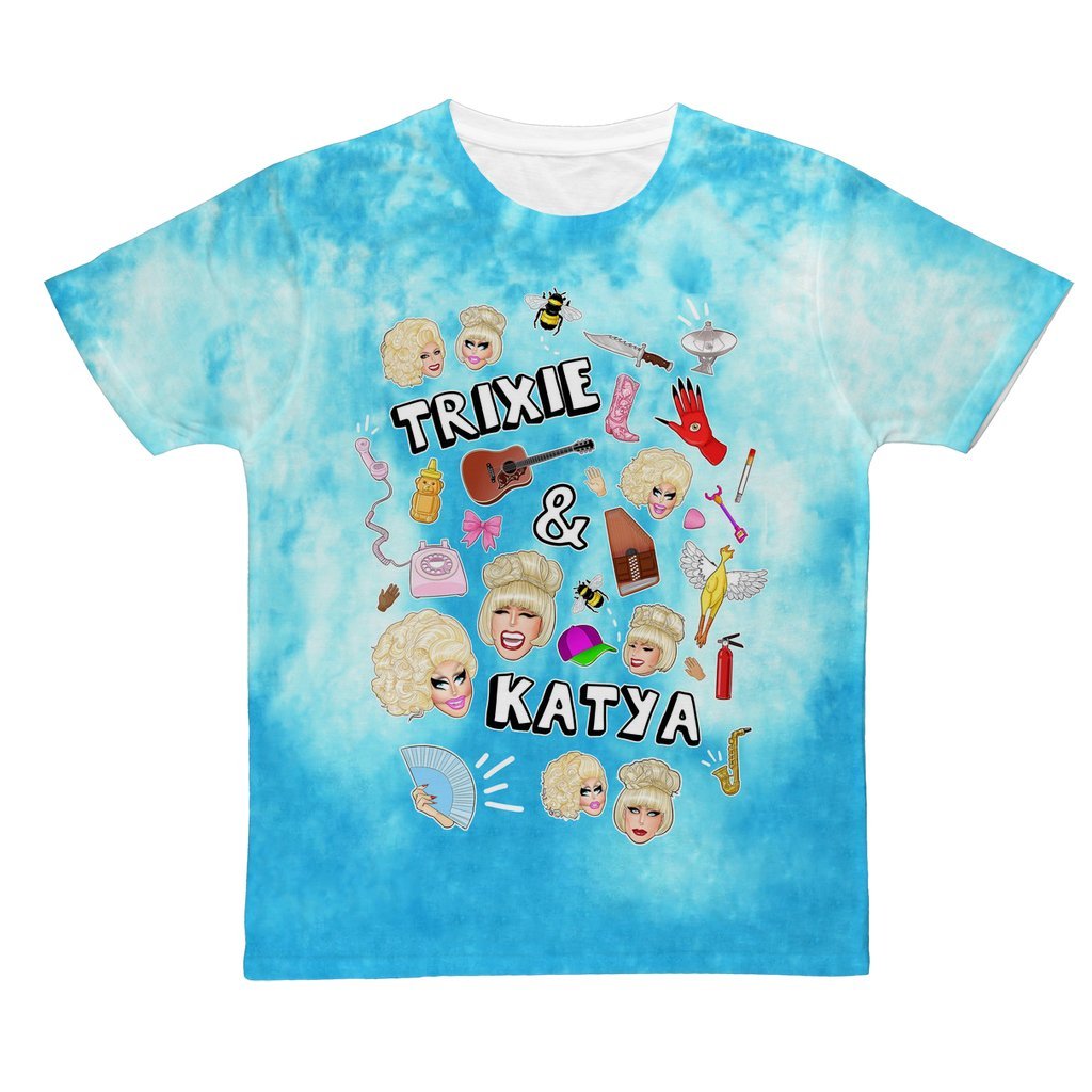 TRIXIE / KATYA "COLLAGE" TURQUOISE CLOUD DYE ALL OVER PRINT T-SHIRT